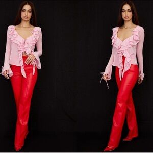 HOUSE OF CB 'Elenaora' Red Vegan Leather high rise straight Trousers pants